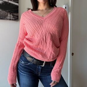Y2K Pink Cable Knit V-Neck Babydoll Sweater